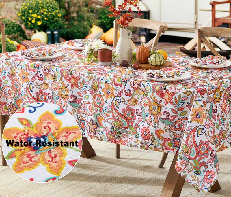Newbridge Rectangle Fabric Tablecloth, Bohemian Coral Paisley, 60 x 84 Inch, Stain and Water Resistant Heavy Weight Summer Table Cover, Boho Chic Multicolor Floral - Image 2